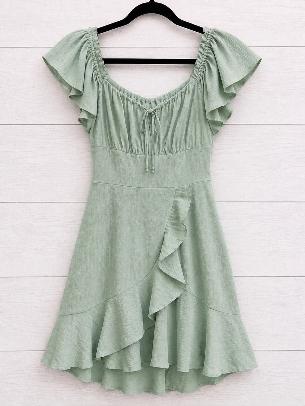 Sage Green Babydoll Dress Flutter Sleeve Romantic Cottagecore Mini Dress